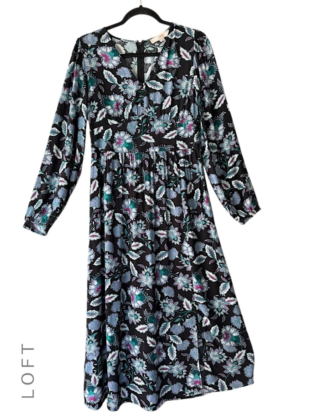 LOFT | NWOT LONG SLEEVE BLACK BLUE FLORAL MIDI DRESS V-NECK EMPIRE WAIST | 4